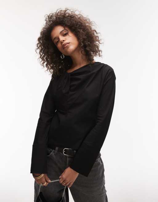 Topshop - Top nero in popeline con dettaglio attorcigliato sul davanti