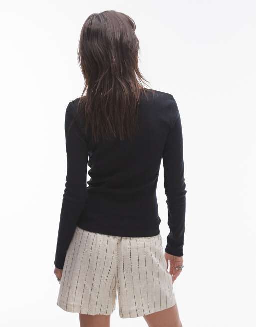 Topshop - Top nero traforato a maniche lunghe con bordi a festoncino, 2 di 4