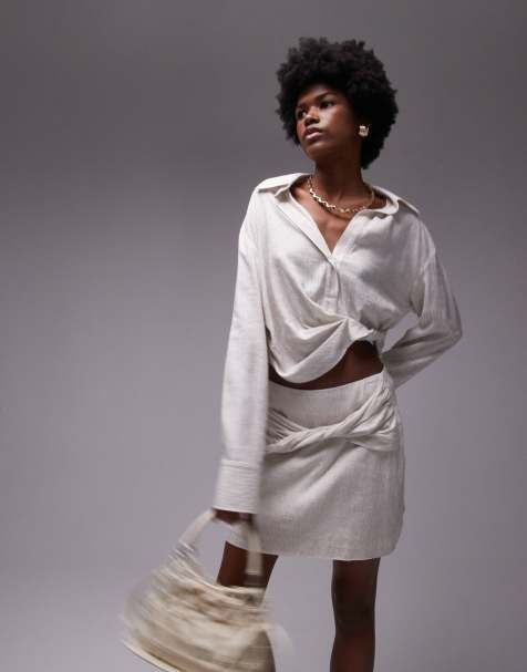 Topshop - Top neutro a righe testurizzato con drappeggio sul lato in coordinato - view 1