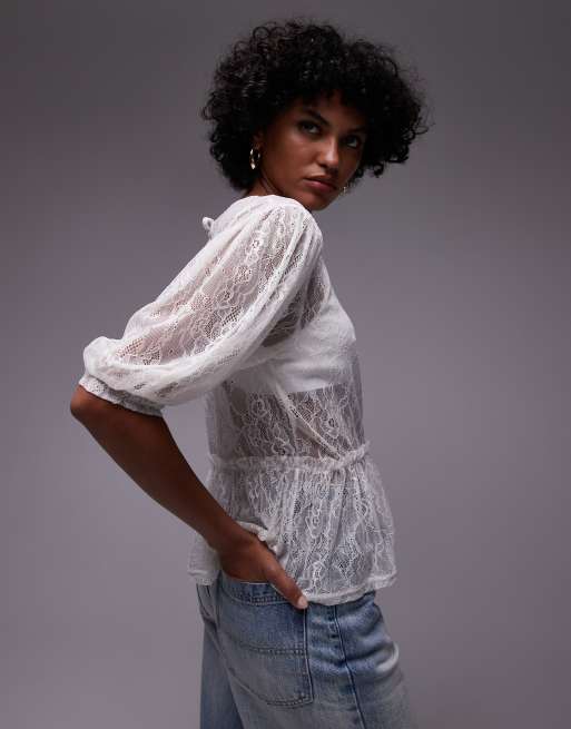 Topshop - Top peplo in pizzo color avorio