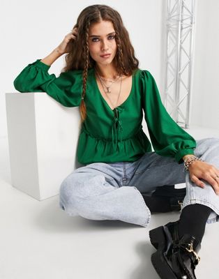 Chemises et blouses Topshop - Top péplum texturé à nouer sur le devant - Vert