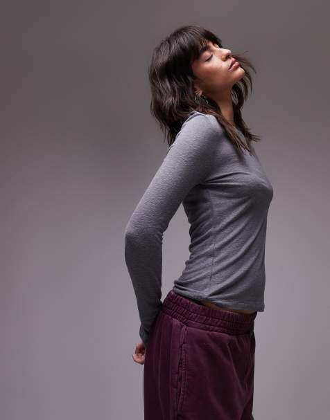 Topshop - Top premium a maniche lunghe in misto lino grigio mélange - view 1
