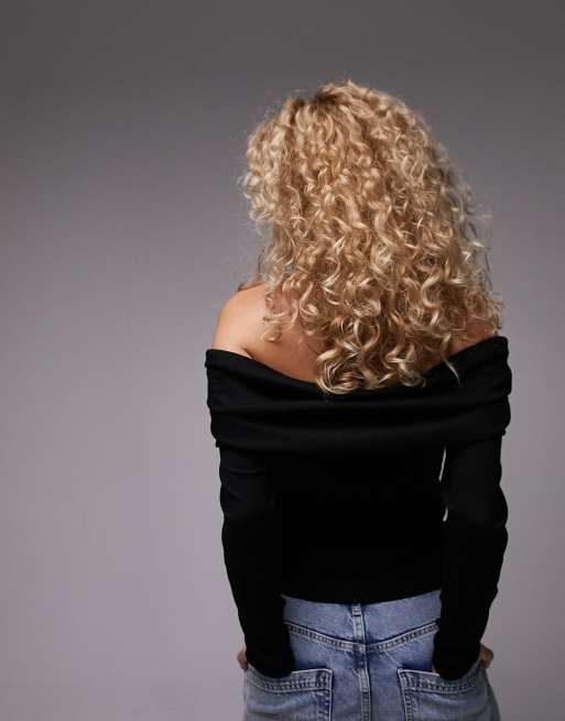 Topshop - Top premium a maniche lunghe nero a coste con scollo alla Bardot, 2 di 4