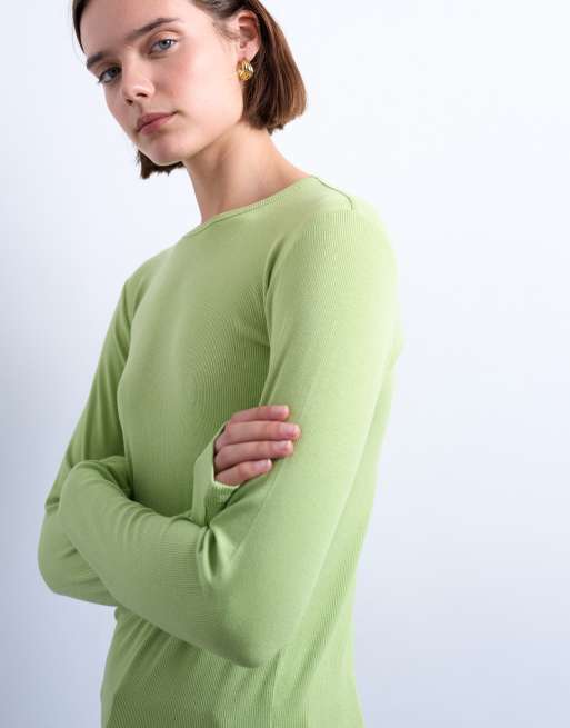 Topshop - Top premium a maniche lunghe verde chiaro a coste, 3 di 4
