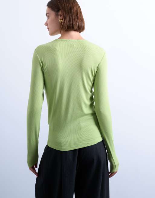 Topshop - Top premium a maniche lunghe verde chiaro a coste, 4 di 4
