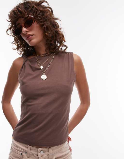 Topshop - Top près du corps en jersey à bretelles torsadées - Marron