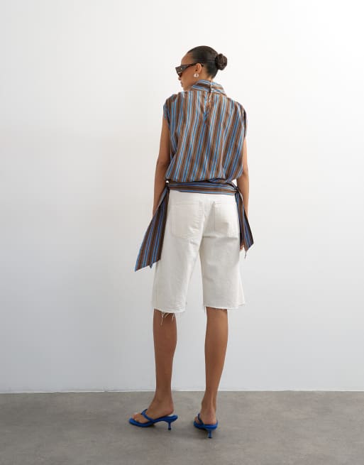 Topshop - Top rayé à col cheminée et taille froncée - Marron, 4 de 4