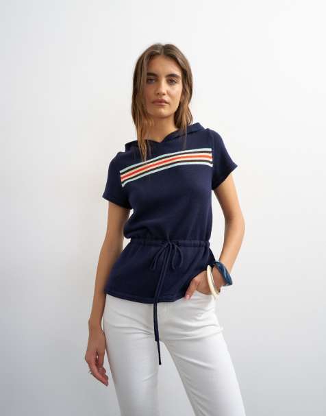 Topshop - Top rayé style sport à capuche et manches courtes en maille avec taille cintrée - Bleu marine - view 1