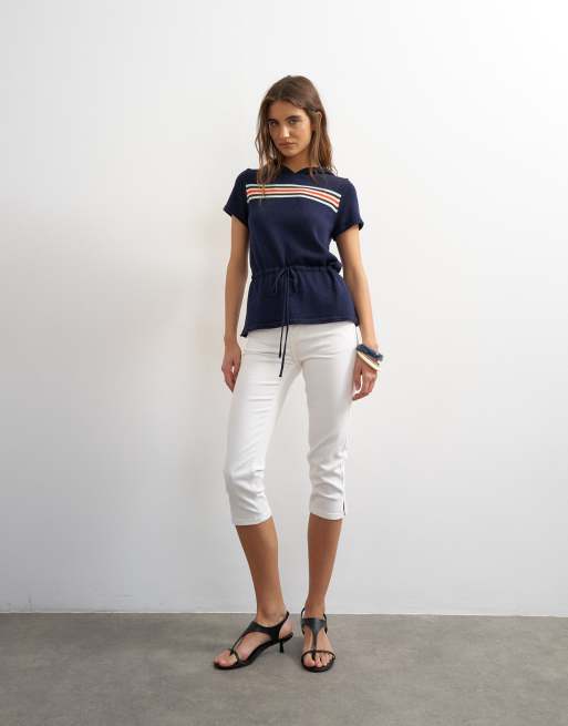 Topshop - Top rayé style sport à capuche et manches courtes en maille avec taille cintrée - Bleu marine, 4 de 4