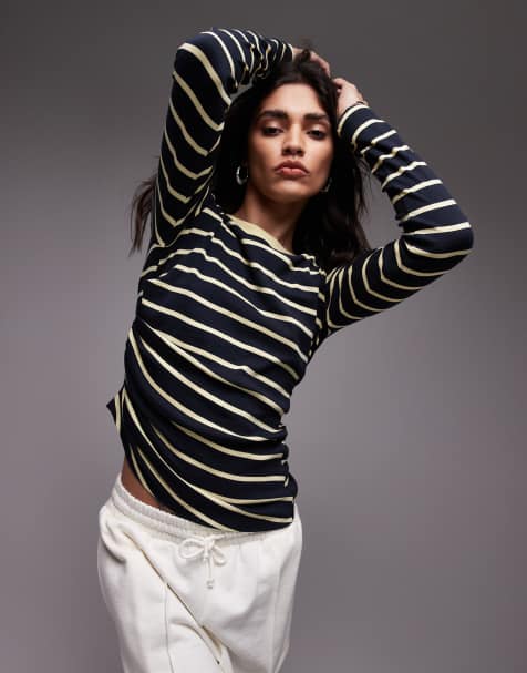 Topshop - Top relevé sur le côté à rayures avec manches longues - Multicolore - view 1