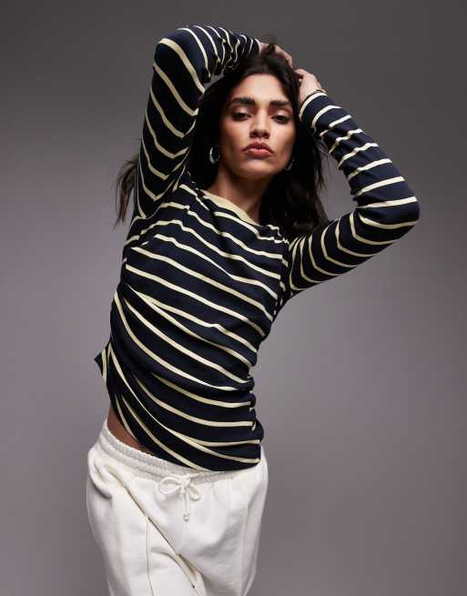 Topshop - Top relevé sur le côté à rayures avec manches longues - Multicolore