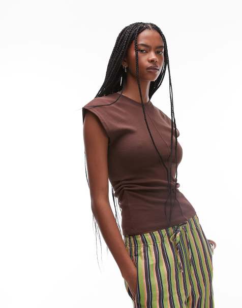 Topshop - Top ristretto in vita marrone cioccolato - view 1