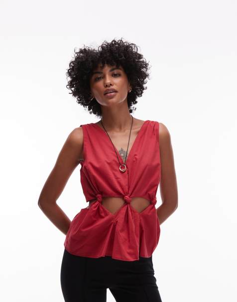 Topshop - Top rosso in cotone senza maniche con nodo - view 1