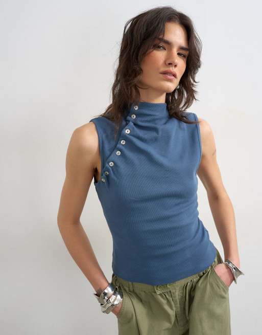 Topshop - Top sans manches à boutonnage asymétrique - Bleu profond, 3 de 4