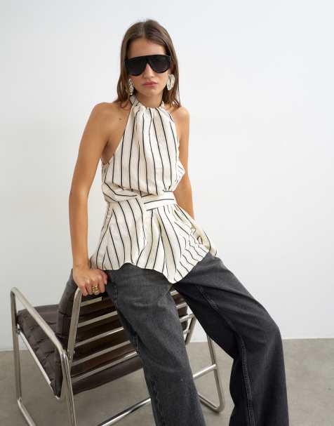Topshop - Top sans manches à col montant et ceinture - Rayures noires et blanches - view 1