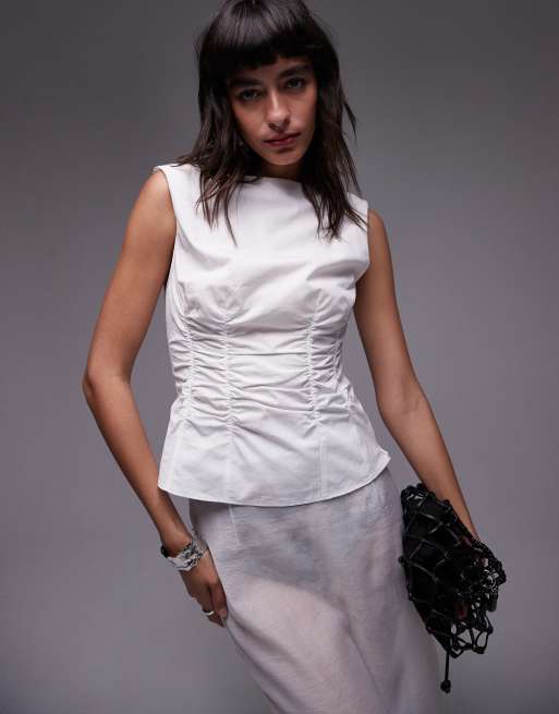 Topshop - Top sans manches avec détail froncé style corset - Ivoire
