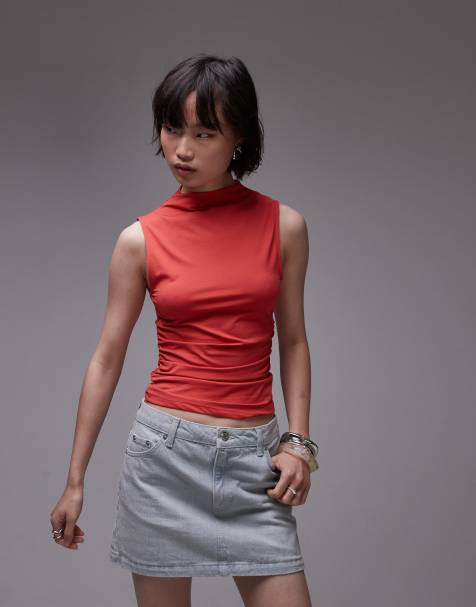 Topshop - Top sans manches en jersey à col cheminée - Rouge - view 1