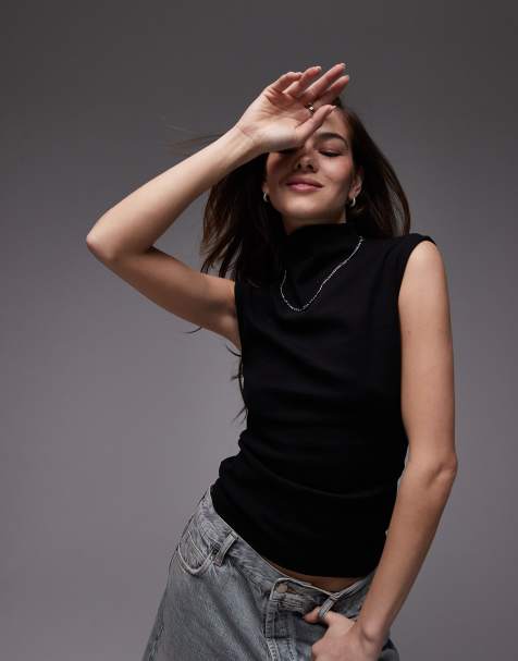 Topshop - Top sans manches en jersey à col montant - Noir - view 1