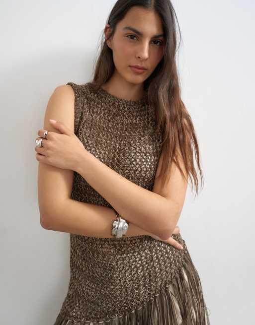 Topshop - Top sans manches en maille résille à franges asymétriques et bandes - Marron chocolat, 2 de 4