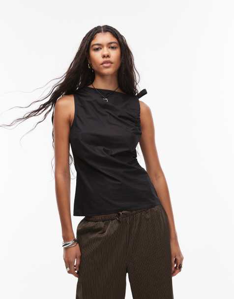 Topshop - Top sans manches en popeline avec épaules froncées - Noir - view 1