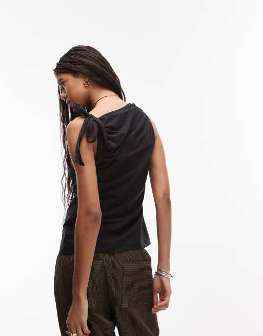 Topshop - Top sans manches en popeline avec épaules froncées - Noir, 2 de 4