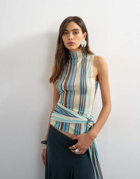 Topshop - Top senza maniche accollato blu a righe - view 1