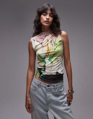 Topshop - Top senza maniche arricciato in microfibra multicolore con stampa a fiori