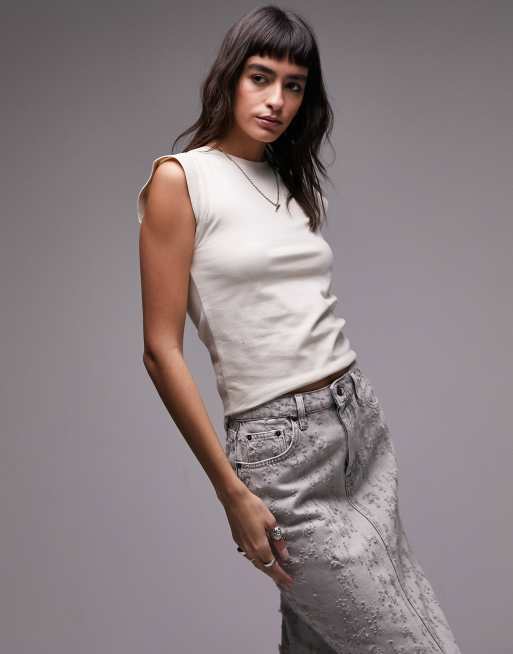 Topshop - Top senza maniche basic premium a coste color sabbia