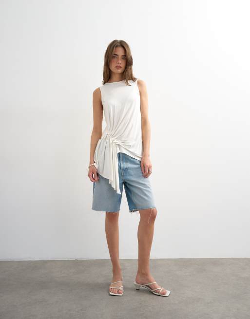 Topshop - Top senza maniche bianco con drappeggio laterale, 4 di 4