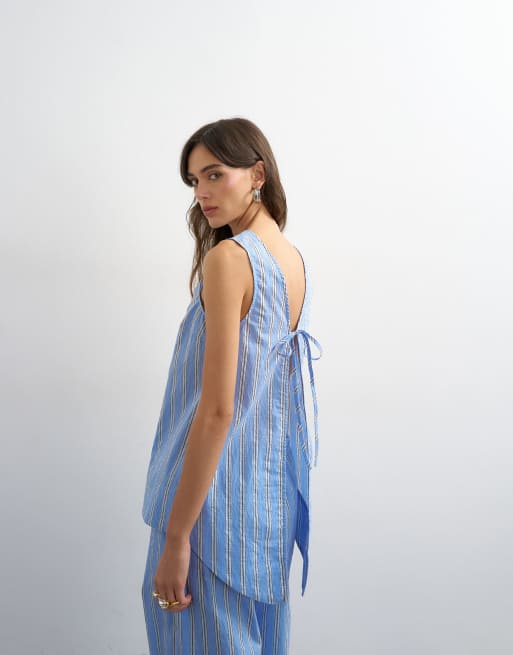 Topshop - Top senza maniche blu a righe con allacciatura sul retro in coordinato , 2 di 4