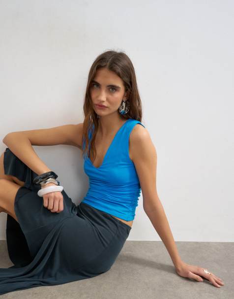 Topshop - Top senza maniche blu con scollo a V e arricciatura laterale - view 1