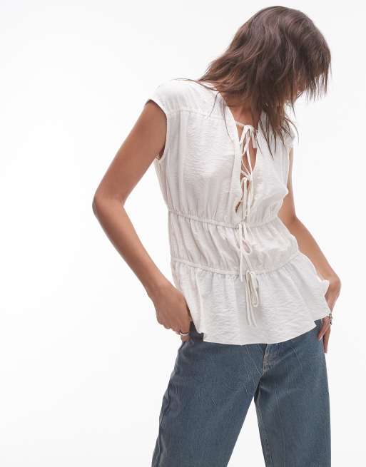Topshop - Top senza maniche color avorio allacciato sul davanti