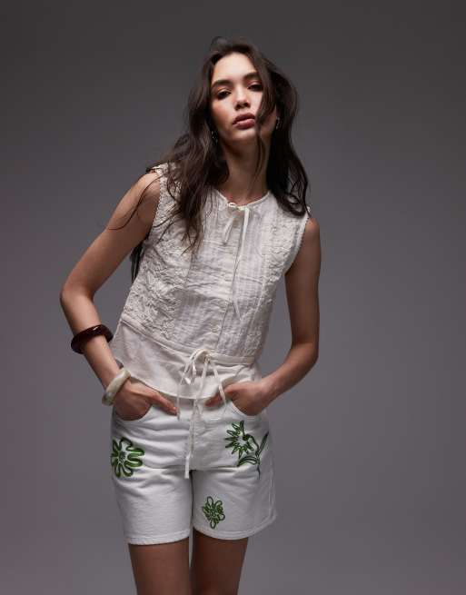 Topshop - Top senza maniche color avorio con motivo tratteggiato