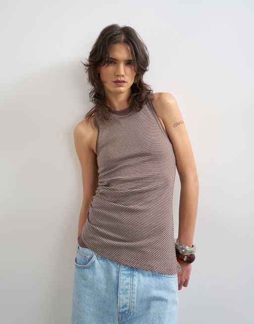 Topshop - Top senza maniche color cioccolato a righe