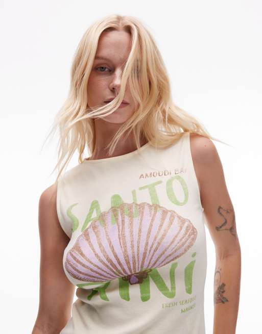 Topshop - Top senza maniche color latticello con grafica 