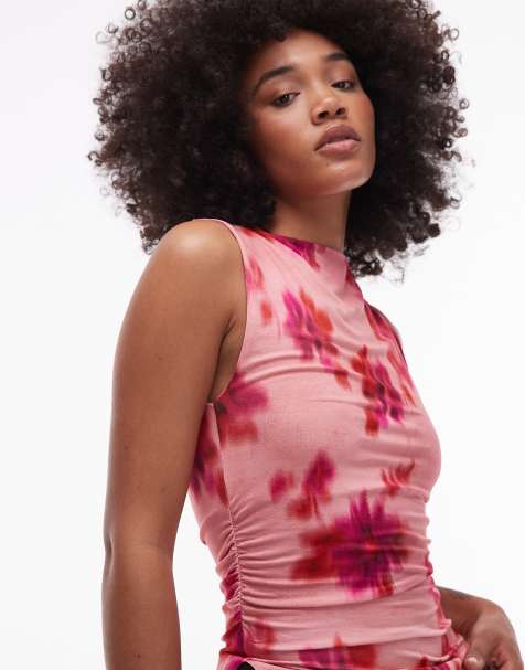 Topshop - Top senza maniche con scollo a barchetta e stampa a fiori sfocata rosa - view 1
