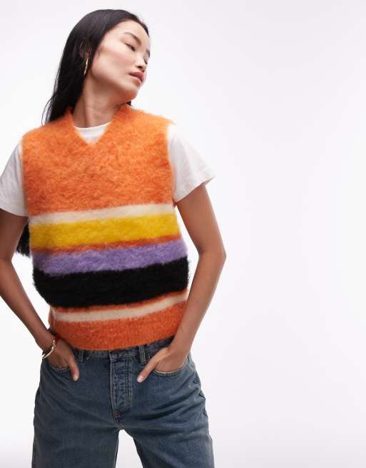 Topshop - Top senza maniche con scollo a V alto in maglia soffice multicolore vivace