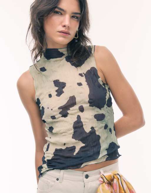 Topshop - Top senza maniche con stampa pezzata multicolore stropicciato