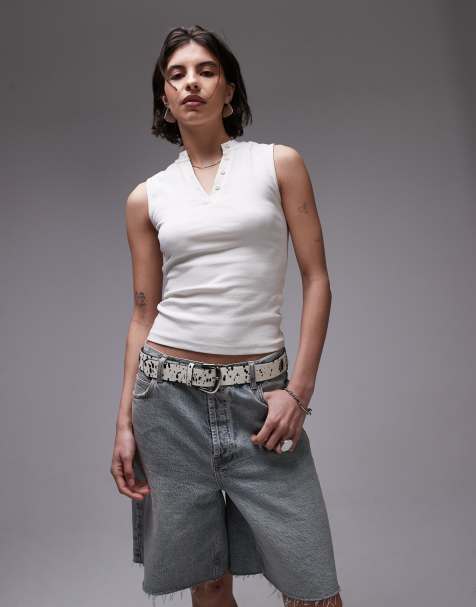 Topshop - Top senza maniche écru con scollo a V e bottoni - view 1