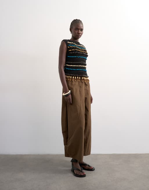 Topshop - Top senza maniche in maglia all'uncinetto nero con perline, 2 di 4