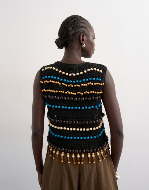 Topshop - Top senza maniche in maglia all'uncinetto nero con perline, 3 di 4