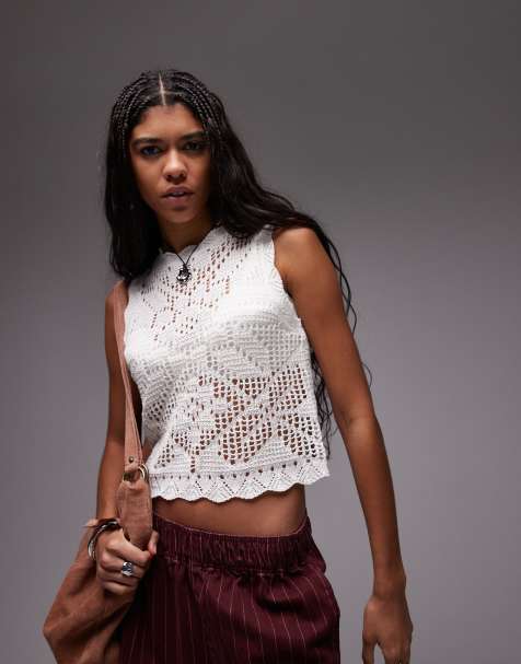 Topshop - Top senza maniche in maglia color avorio con orlo smerlato e motivo cucito - view 1