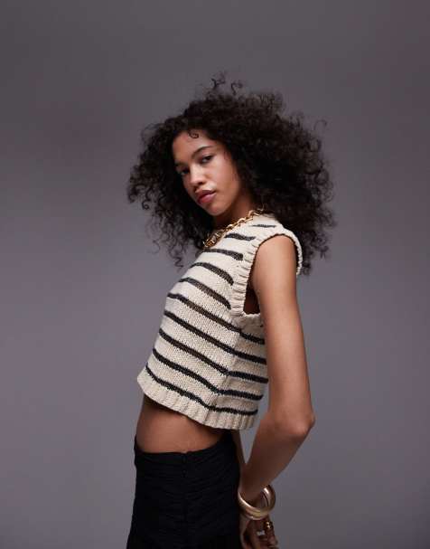 Topshop - Top senza maniche in maglia color pietra a righe - view 1