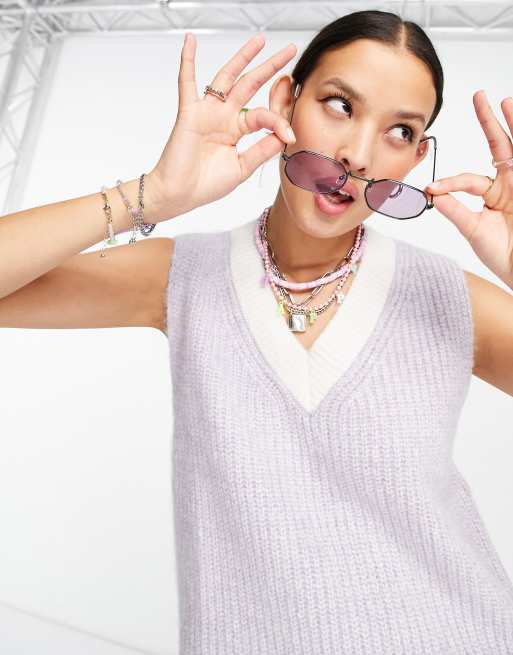 Topshop - Top senza maniche in maglia con scollo a V, colore lilla mélange