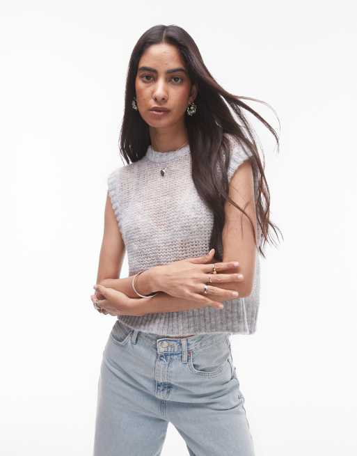 Topshop - Top senza maniche in maglia trasparente grigia