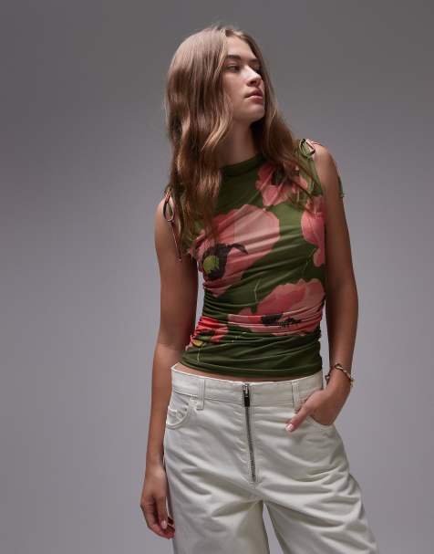 Topshop - Top senza maniche in microfibra verde con stampa di papaveri - view 1