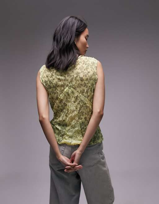 Topshop - Top senza maniche in pizzo stropicciato giallo a fiorellini, 3 di 4