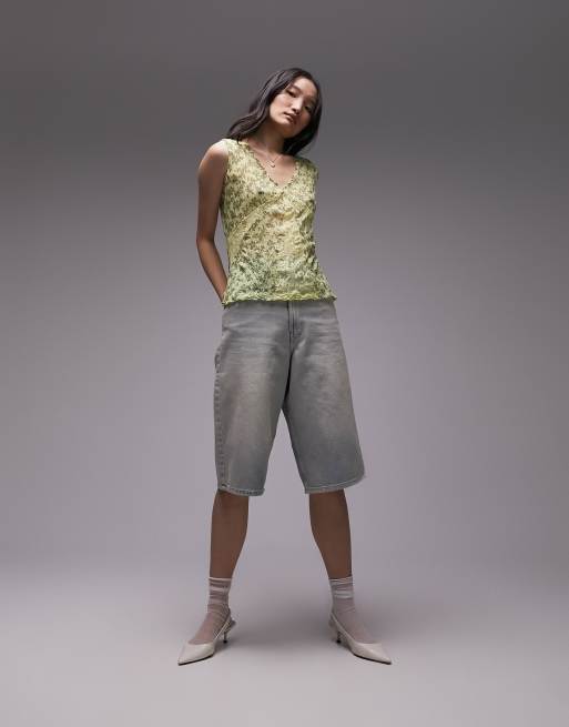 Topshop - Top senza maniche in pizzo stropicciato giallo a fiorellini, 4 di 4