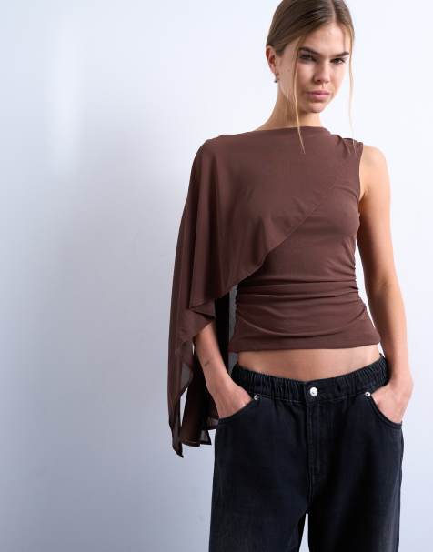 Topshop - Top senza maniche marrone cioccolato con dettaglio stile mantella - view 1