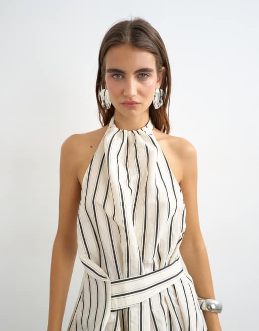 Topshop - Top senza maniche monocromatico a righe con collo alto e cintura, 2 di 4